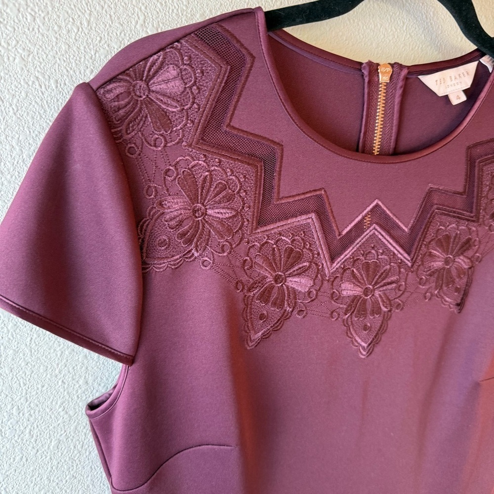 Ted Baker Embroidered Cheskka Dress Burgundy Party Cocktail Women’s Size 10 - Picture 5 of 14